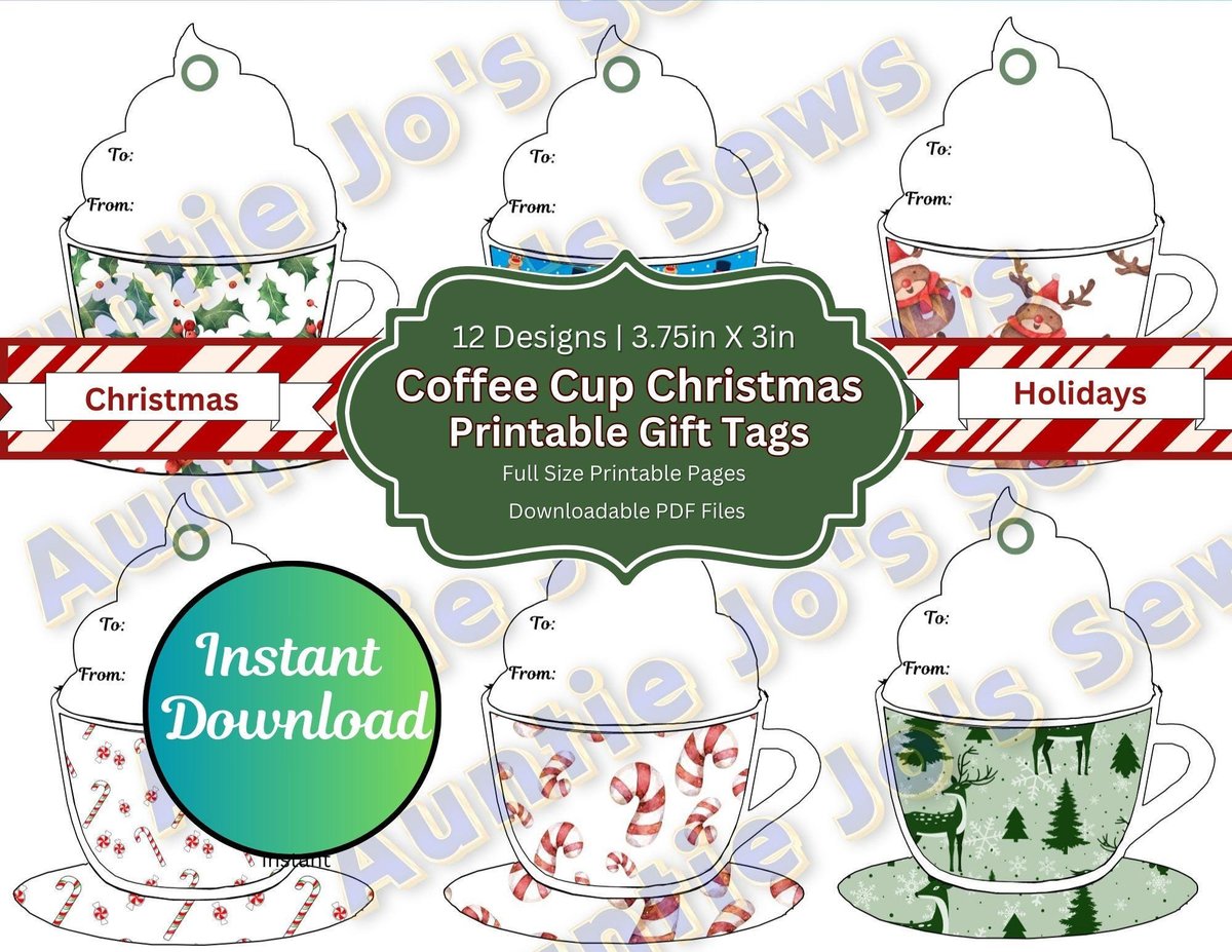 Christmas Gift Tags, Holiday Gift Tags, Christmas Tags, Whipped Cream Coffee Cup Printables, Junk Journal, Holiday Tags, Instant Download