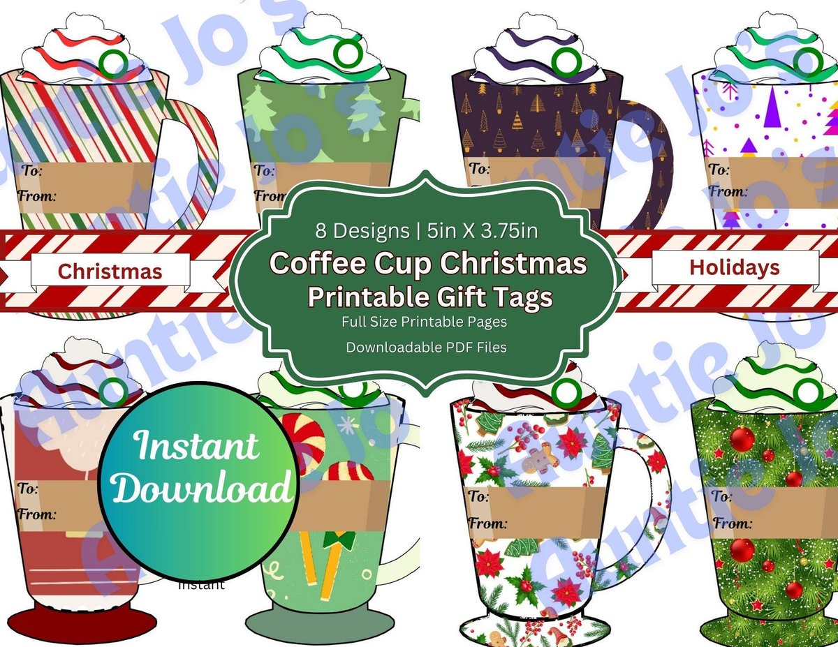 Large Christmas Gift Tags, Holiday Gift Tags, Christmas Tags, Coffee Drink Cup Printables, Junk Journal, Holiday Tags, Instant Download