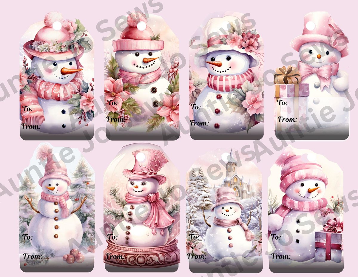 Printable Christmas Gift Tags, Pink Snowman Holiday Tags, Christmas Tags, Printables, Instant Print Tags, Holiday Gift Tags Instant Download
