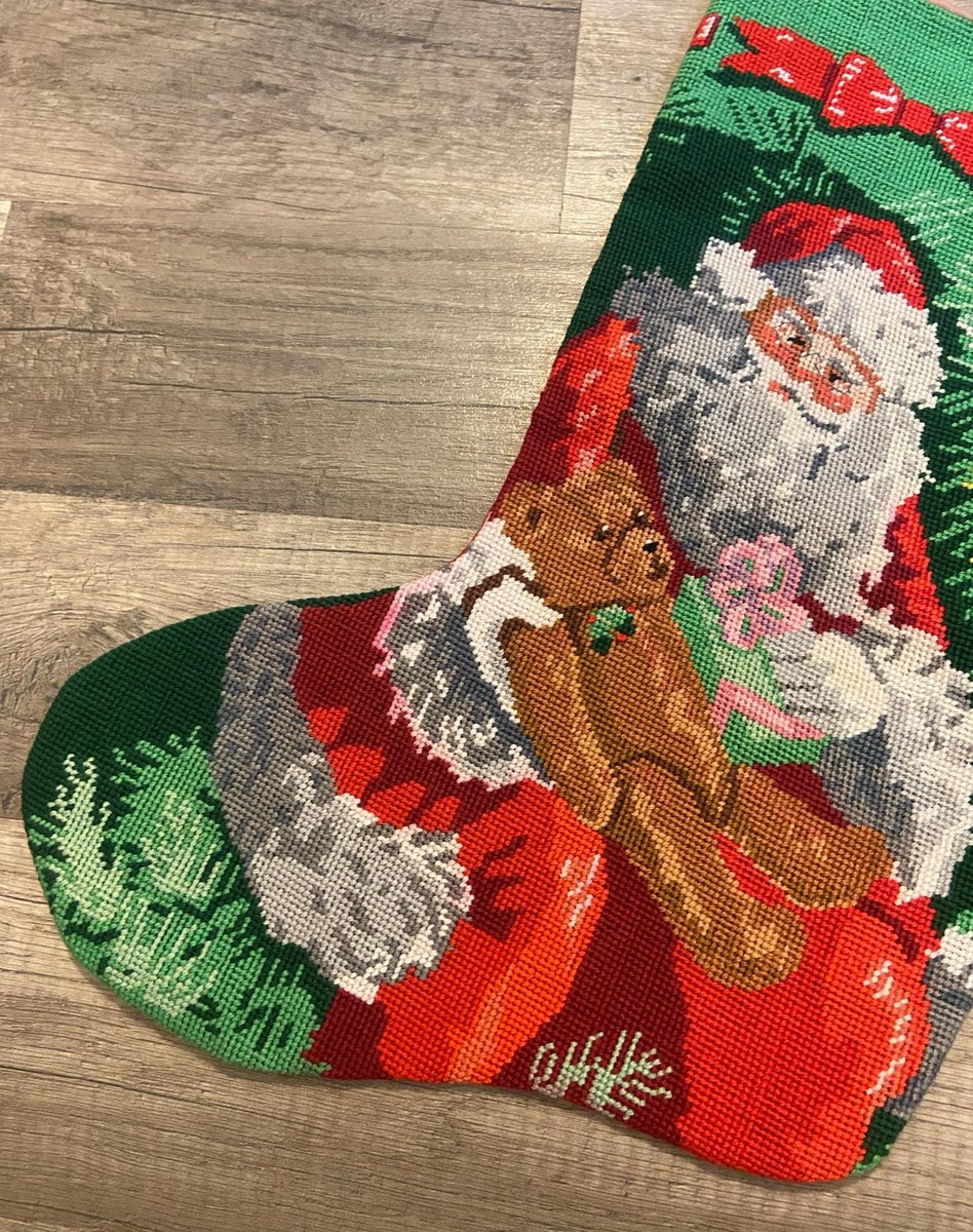 Handmade Christmas Stocking, NEW Vintage Candamar Designs, Santa & Teddy Bear, Something Special Holiday Stocking, Personalized Stocking