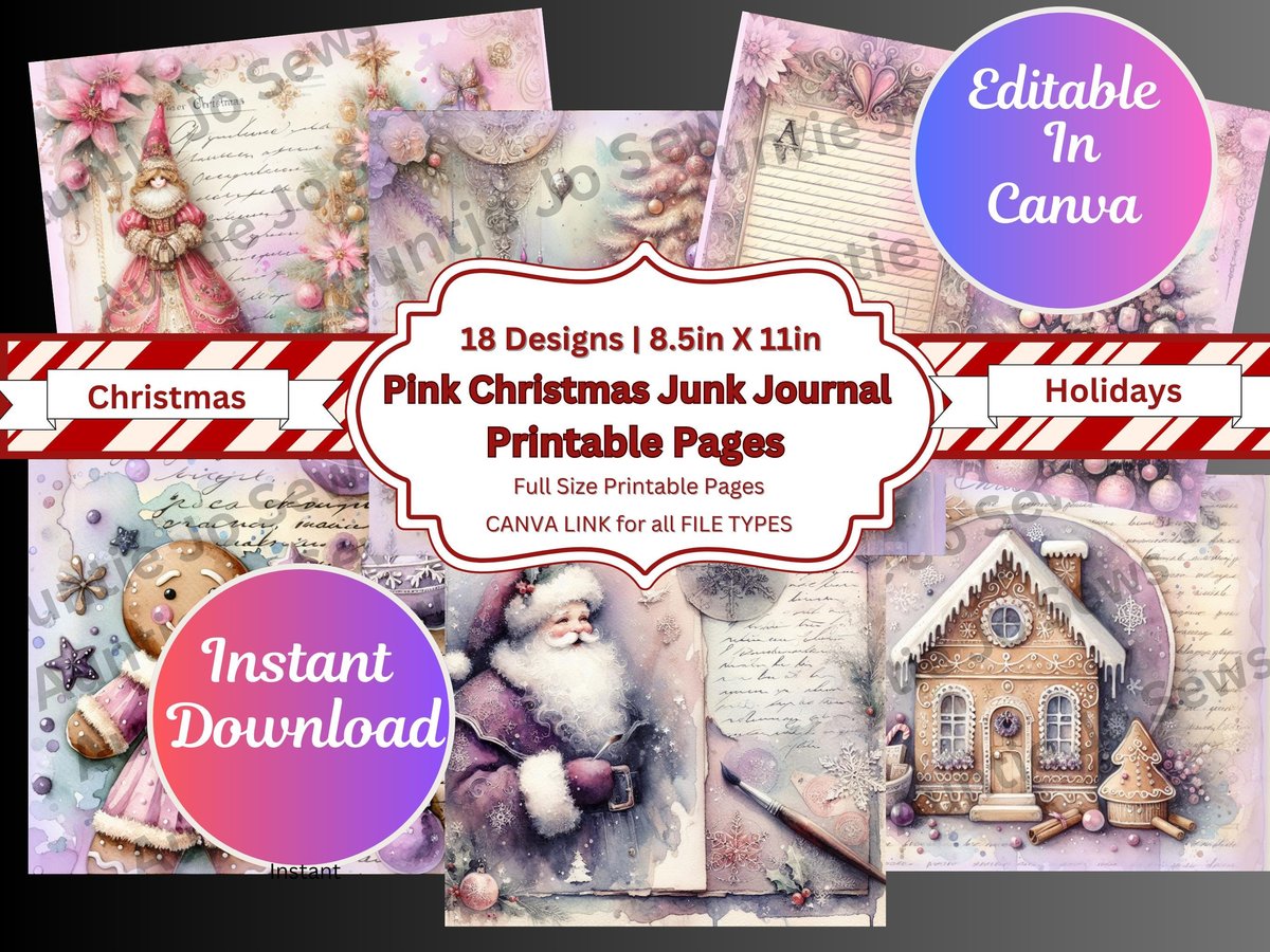 Christmas Junk Journal Kit, Printable Pages, Pink Christmas, Digital Junk Journal, Instant Download, Print Immediately or Edit it Canva