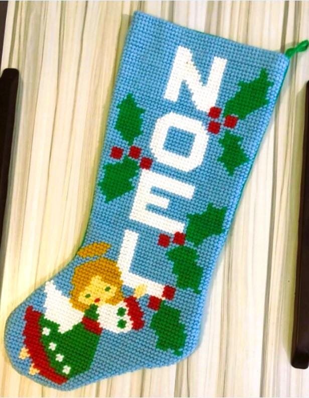Custom Christmas Stocking, Vintage Bernat NOEL Handmade Needlepoint Holiday Christmas Stocking