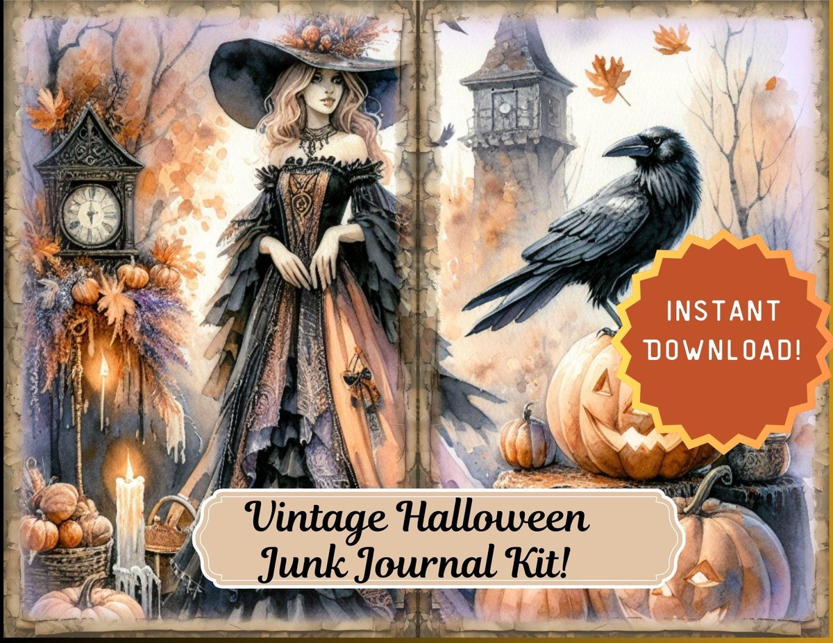 Halloween Junk Journal Kit, Vintage Halloween Junk Journal Pages, Halloween Printables, Digital Download, Tags, Autumn, Ephemera