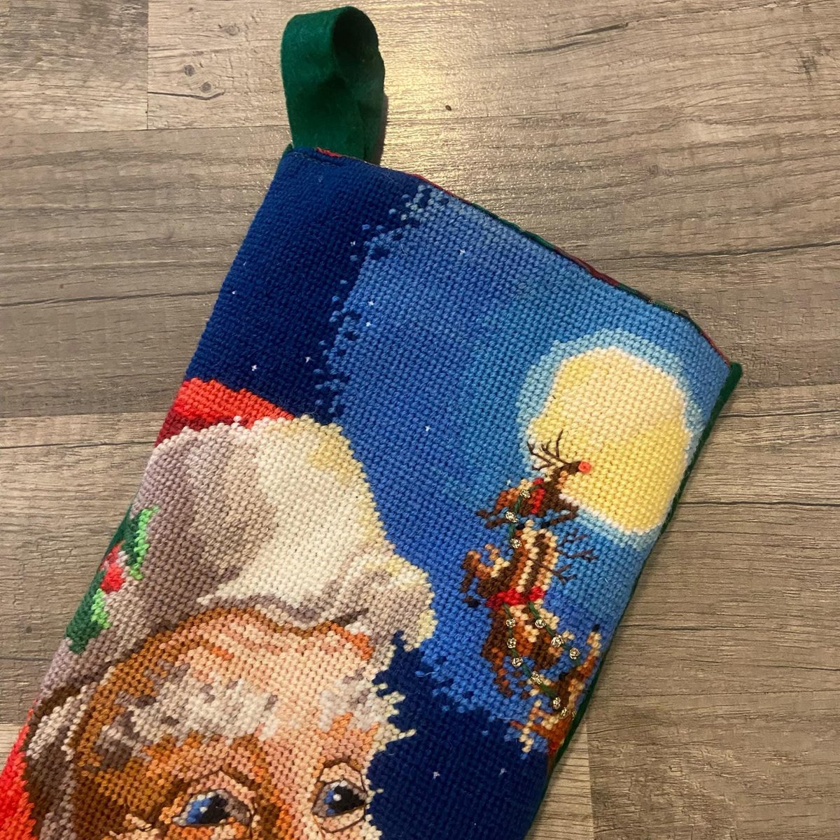 Christmas Stocking New Finished Handmade BUCILLA 1990s JOLLY Old St. NICK Needlepoint Holiday Stocking 60723 Holiday Decor