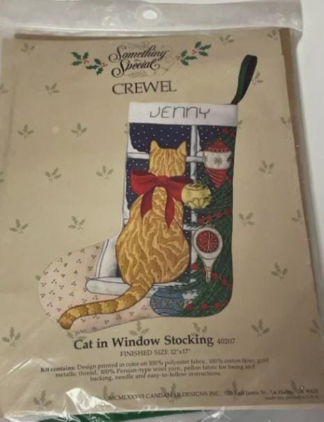 Custom Christmas Stocking, NEW Handmade Vintage 1986 Crewel Candamar Designs, Cat in Window 40207 Something Special Holiday Stocking