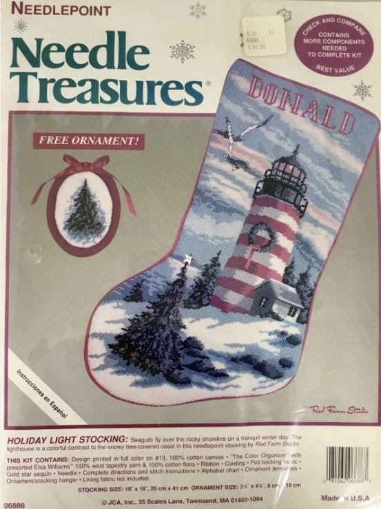 FINISHED Christmas Stocking Vintage NEEDLE TREASURES Holiday Light 06888 Needlepoint Holiday Stocking Lighthouse