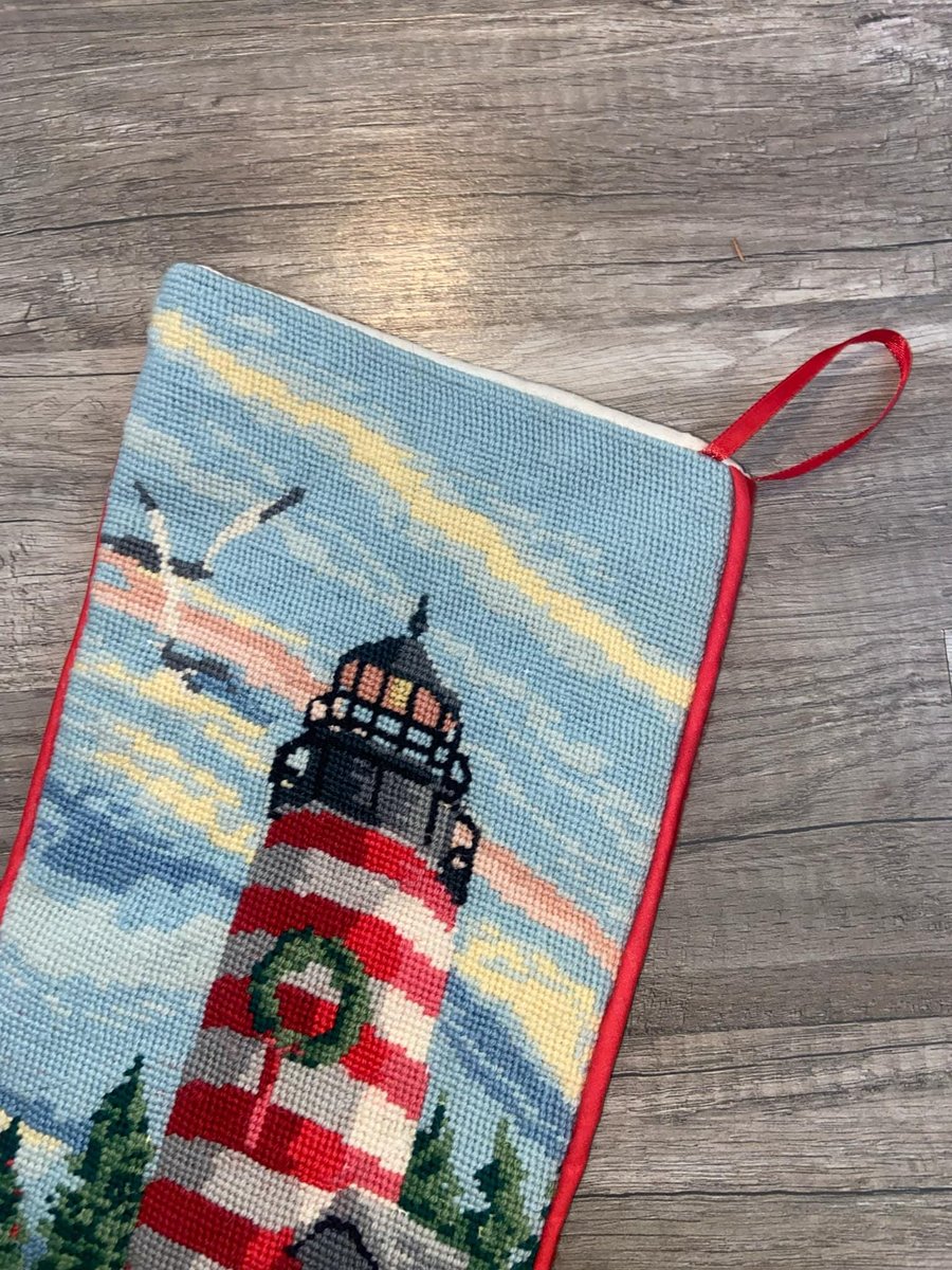 FINISHED Christmas Stocking Vintage NEEDLE TREASURES Holiday Light 06888 Needlepoint Holiday Stocking Lighthouse