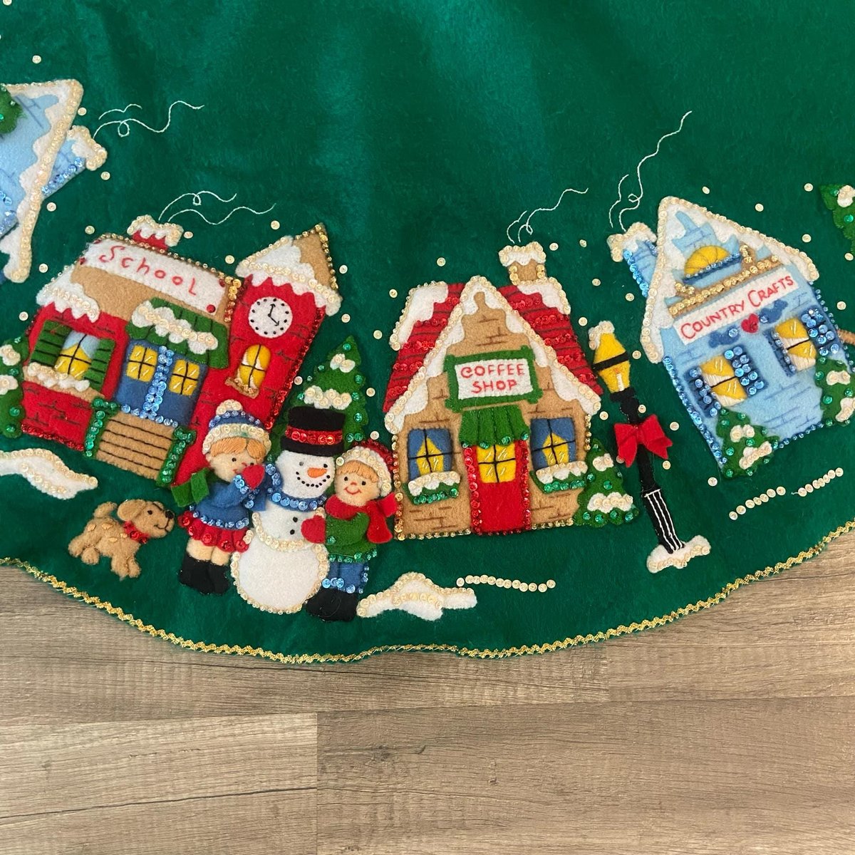 Handmade Vintage Tree Skirt, Finished Bucilla CHRISTMAS VILLAGE Tree Skirt, Table Cover #83980 Handmade Trees Houses Winter Village