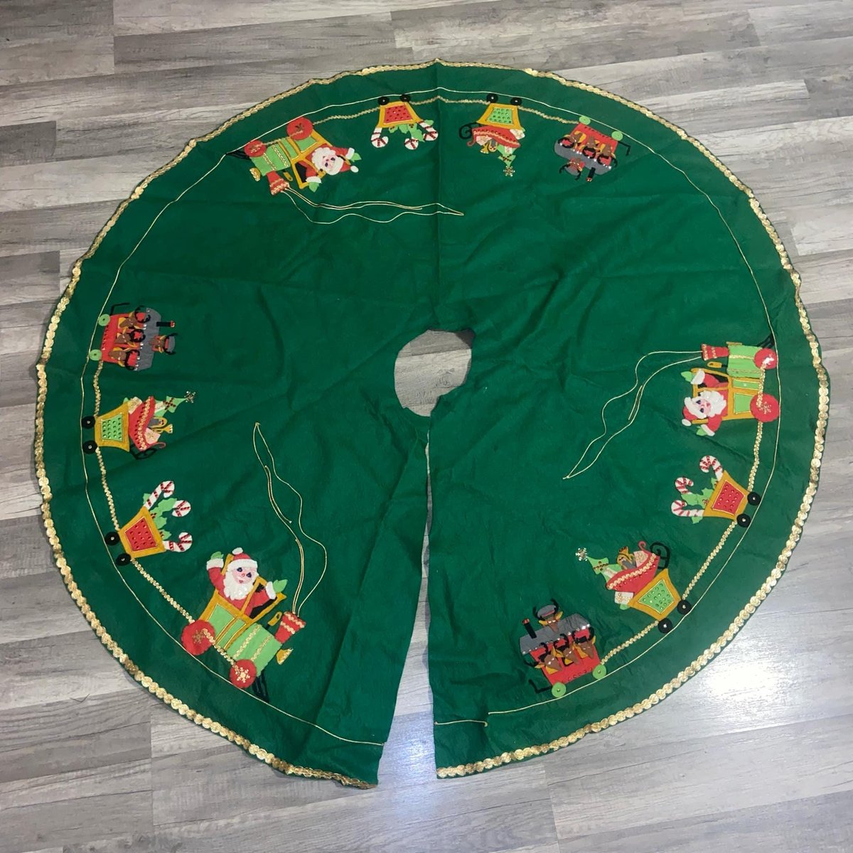 LeeWards Vintage 1971 Tree Skirt, Handmade Santa's Express Train Tree Skirt, Table Cover Handmade Tree Rocking Horse Toys Noel