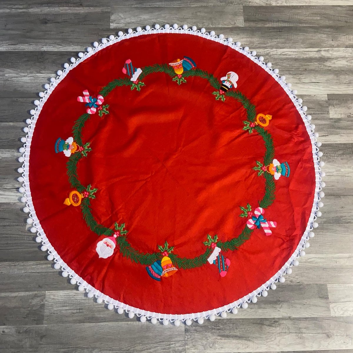 Handmade Vintage Tree Skirt, Finished Bucilla Crewel YULETIDE ORNAMENTS Tree Skirt, Table Cover #2316 Handmade Tree Santa Bells Angel