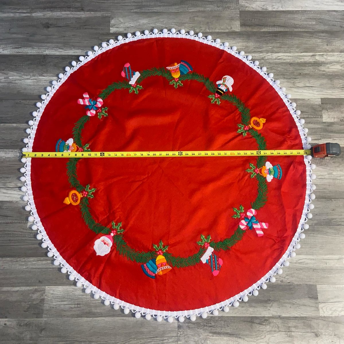 Handmade Vintage Tree Skirt, Finished Bucilla Crewel YULETIDE ORNAMENTS Tree Skirt, Table Cover #2316 Handmade Tree Santa Bells Angel
