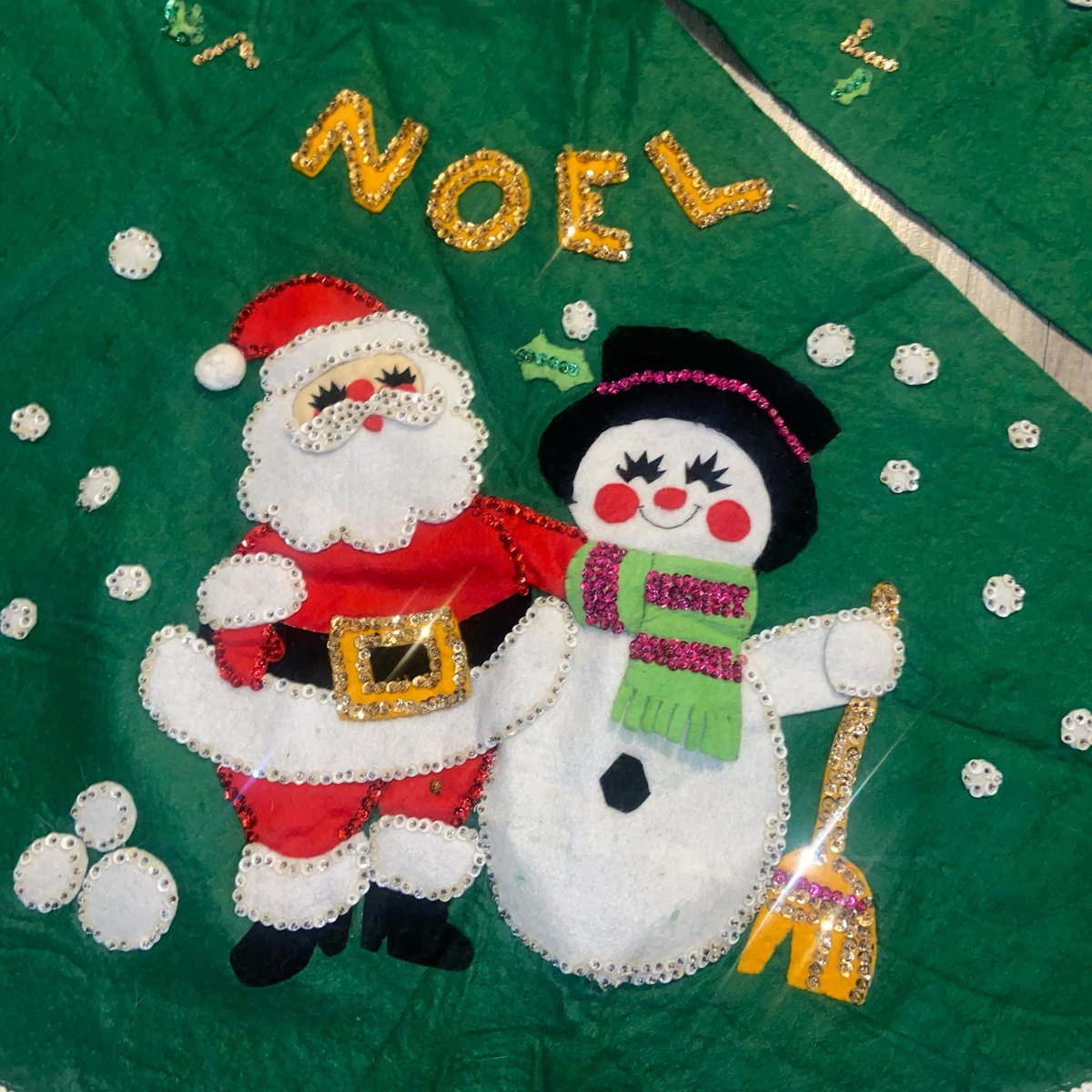 Vintage 1970s Tree Skirt, Handmade Bucilla NOEL Tree Skirt 2817, Table Cover Handmade Santa Snowman Holiday Decor