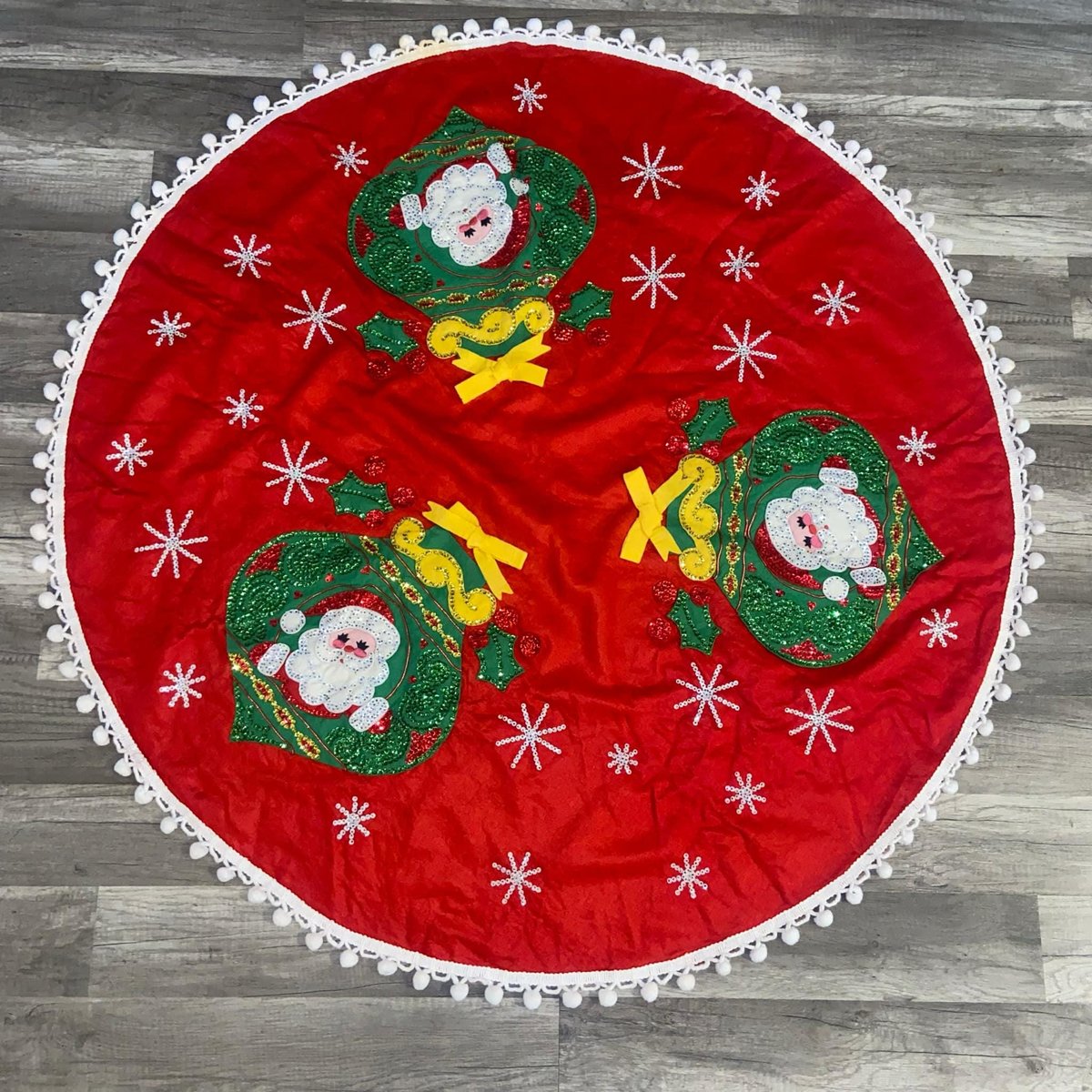 Handmade Vintage Tree Skirt, Finished Bucilla Santa Ornaments Tree Skirt 1635, Table Cover UNCUT Handmade Decorations Snowflakes