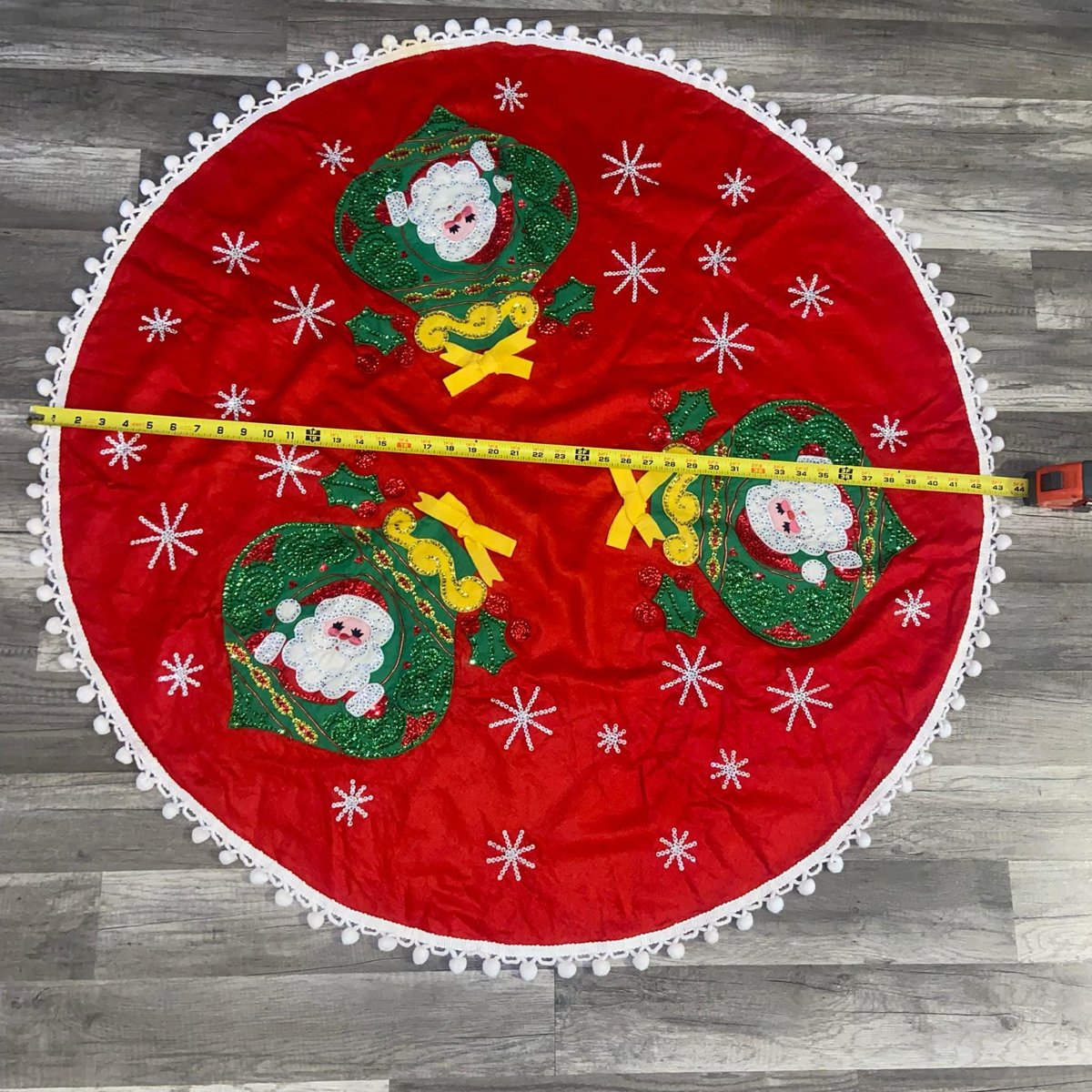 Handmade Vintage Tree Skirt, Finished Bucilla Santa Ornaments Tree Skirt 1635, Table Cover UNCUT Handmade Decorations Snowflakes
