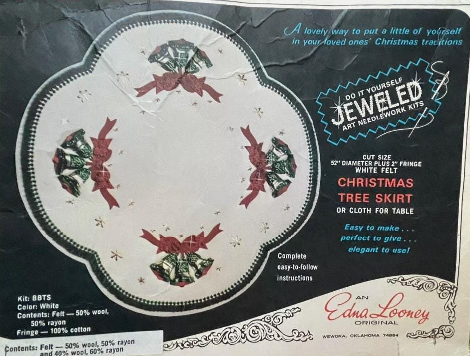 Handmade Vintage Tree Skirt, Finished Edna Looney Christmas Bells Ornaments Tree Skirt, Table Cover Handmade Decorations Silver Bells