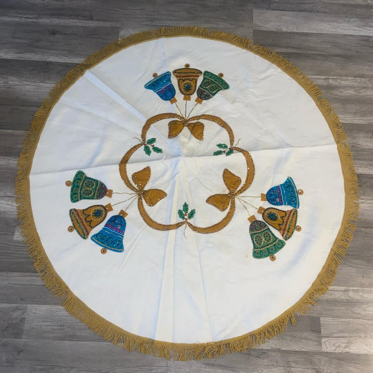 Vintage Christmas Tree Skirt BUCILLA Holiday Bells 2829 Finished Table Cover Circa 1960's Holiday Home Decor Retro Christmas Decor