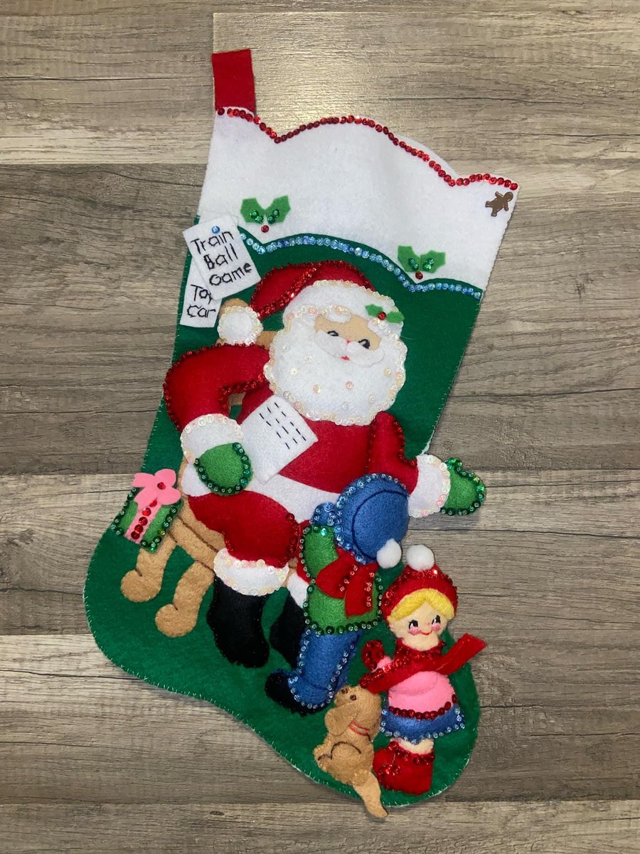 Vintage Christmas Stocking, Finished BUCILLA Kit, Handmade A Visit With Santa, Holiday Stockings #82902 Stockings with Name