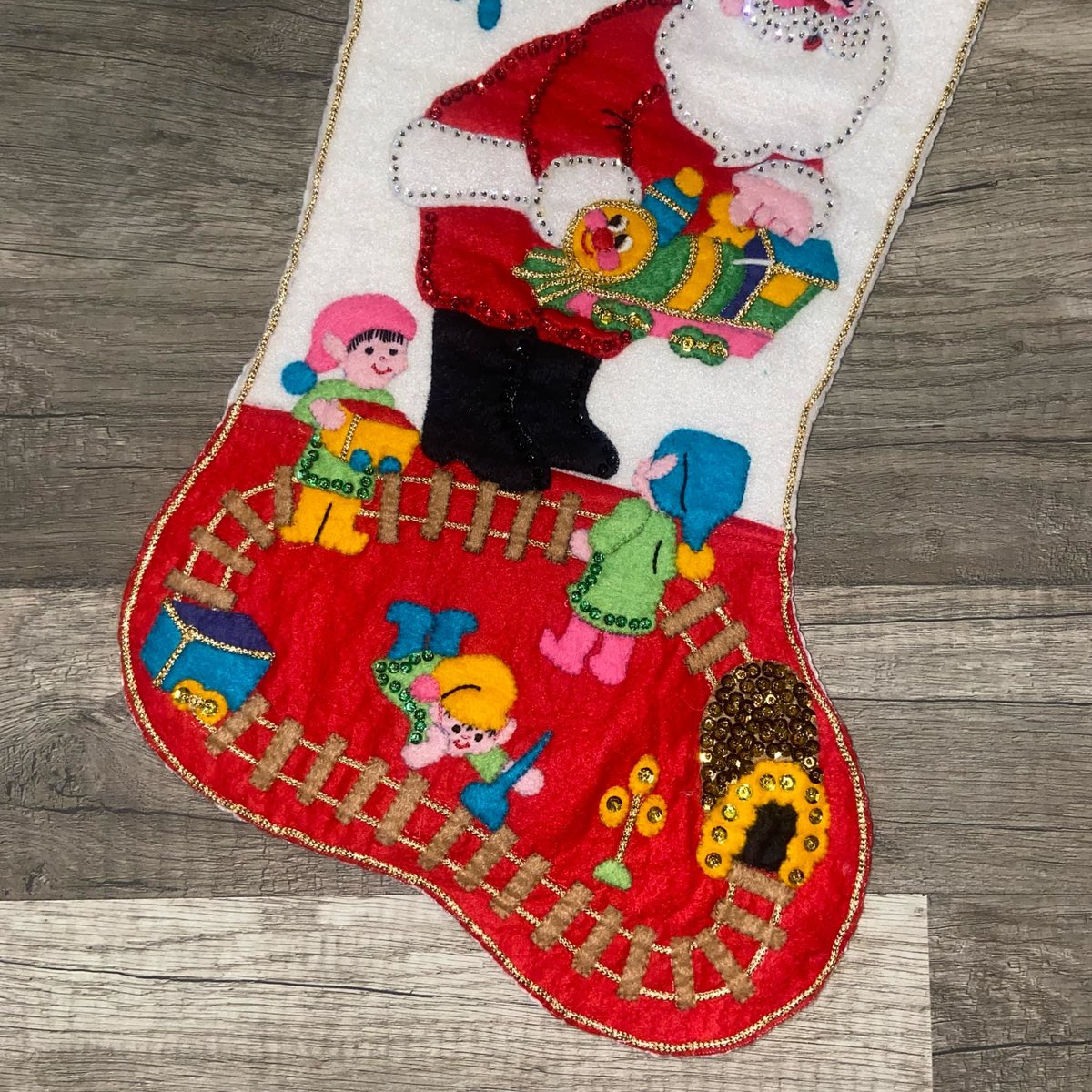 Finished JUMBO Christmas Stocking, Bucilla SANTA TRAIN 20" Embroidered Stockings, Traditional Stockings, Holiday Decor