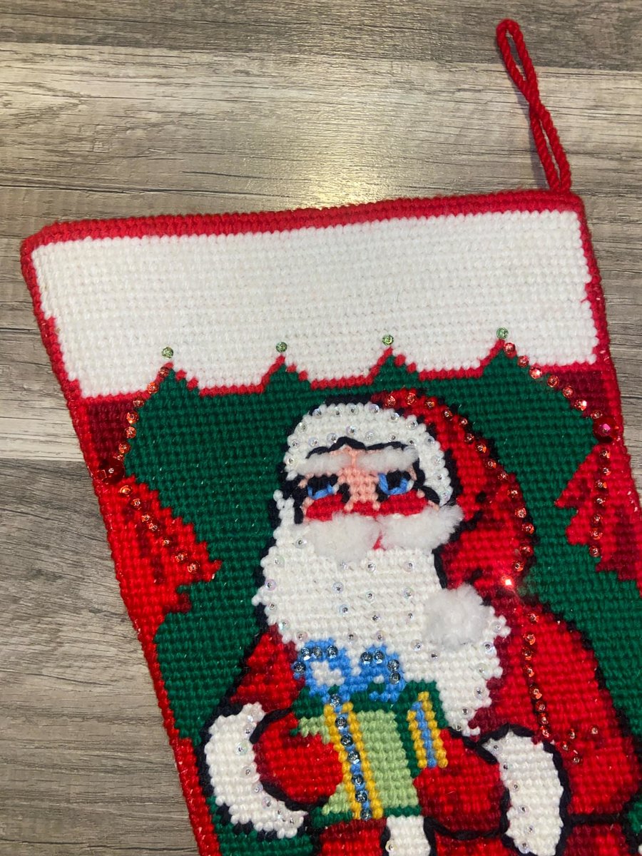 JUMBO Christmas Stocking, New BUCILLA Handmade Needlepoint Santa with Bag 60547 Holiday Stocking Circa 1970's Holiday Decor