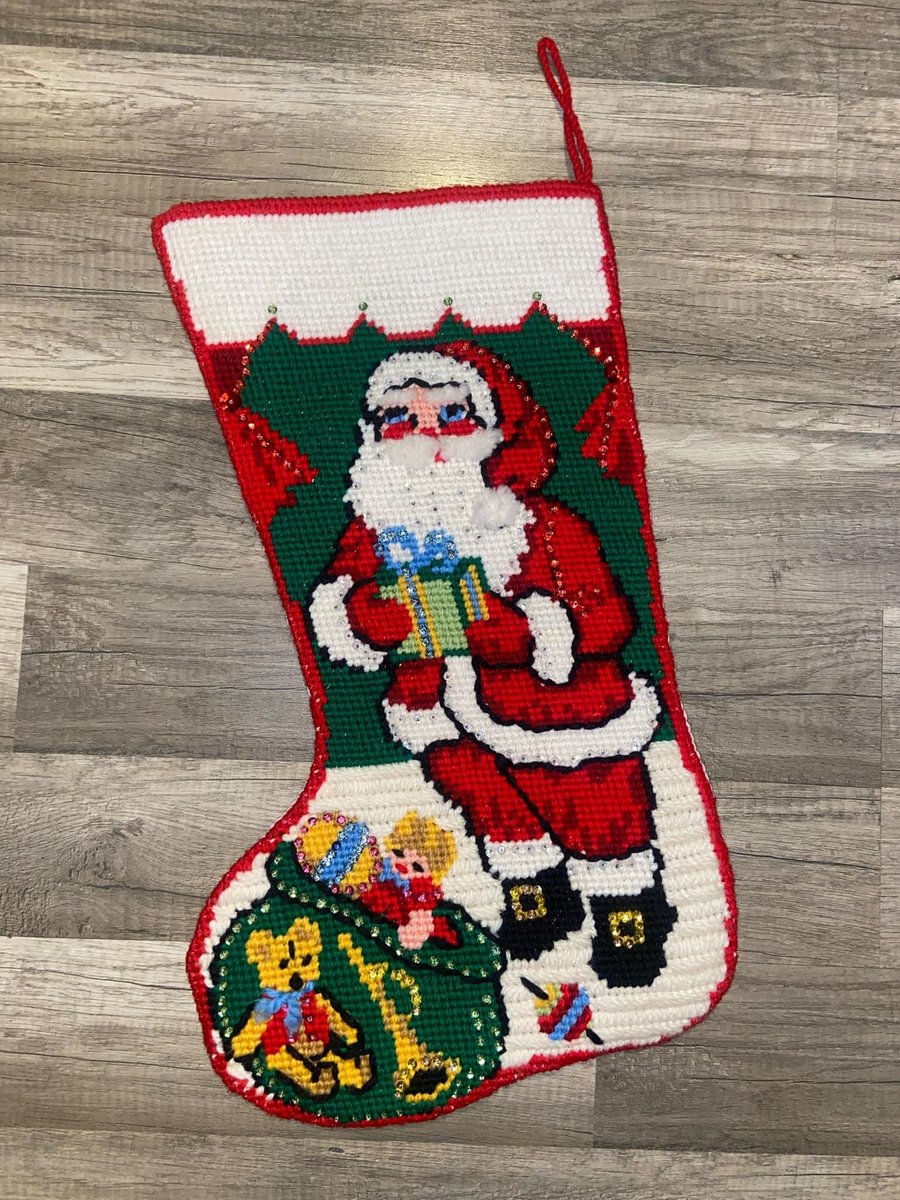 JUMBO Christmas Stocking, New BUCILLA Handmade Needlepoint Santa with Bag 60547 Holiday Stocking Circa 1970's Holiday Decor