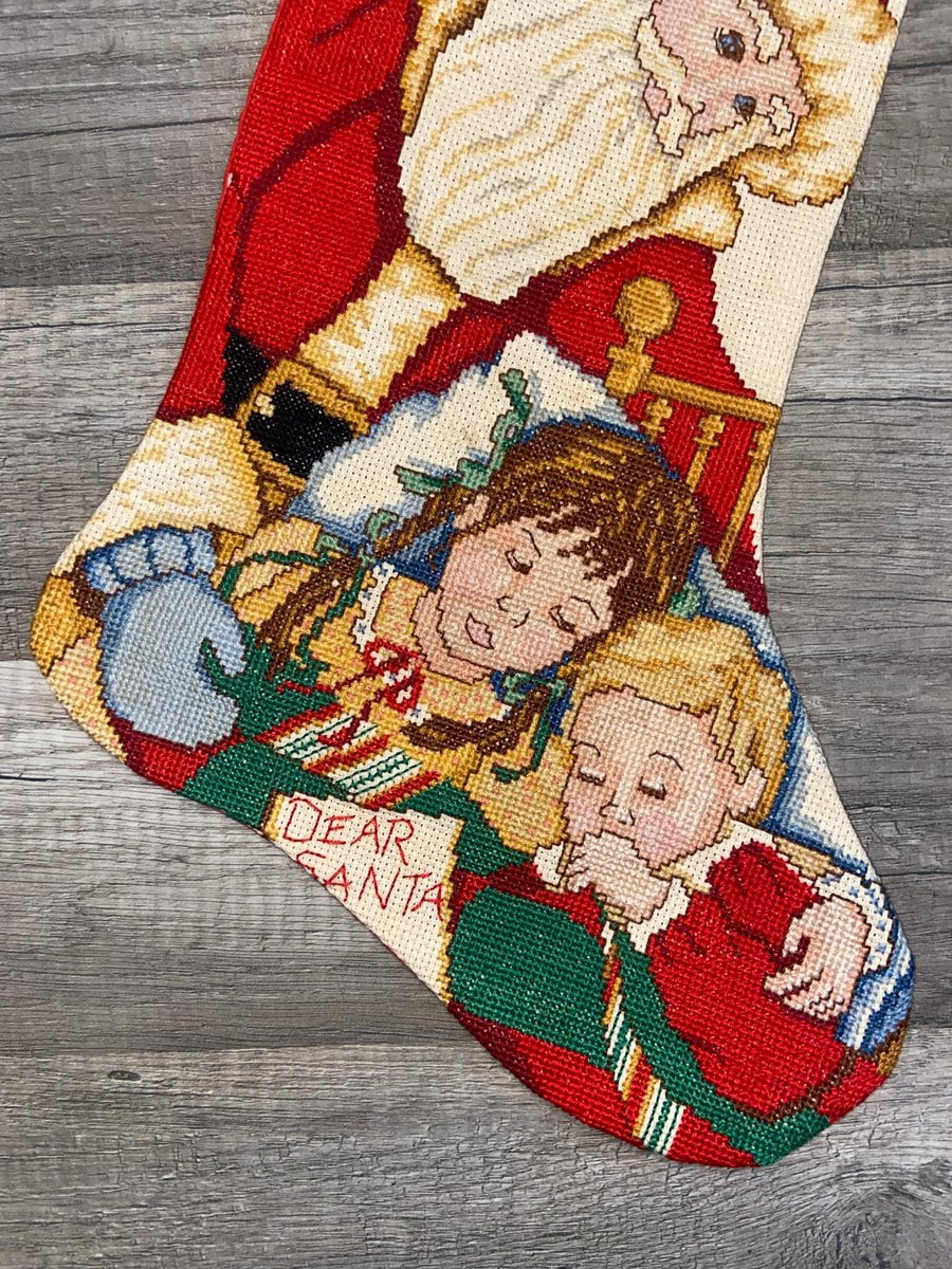 Christmas Stocking | Handmade Counted Cross Stitch | Vintage BUCILLA Visions of Sugarplums Finished Embroidered Stocking