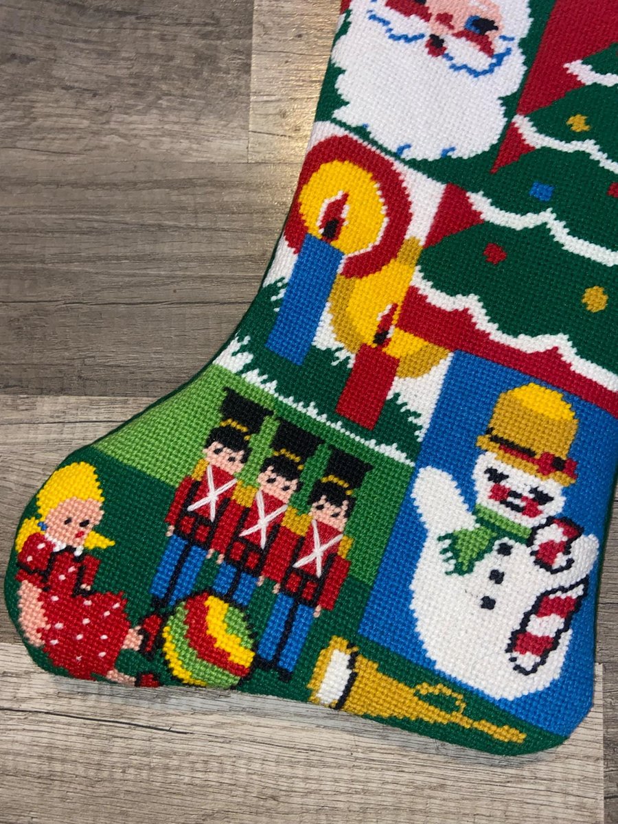 New Christmas Stocking 1970's Vintage HANDMADE Bucilla Painted Needlepoint Stocking 60523 Patchwork Holiday Stocking
