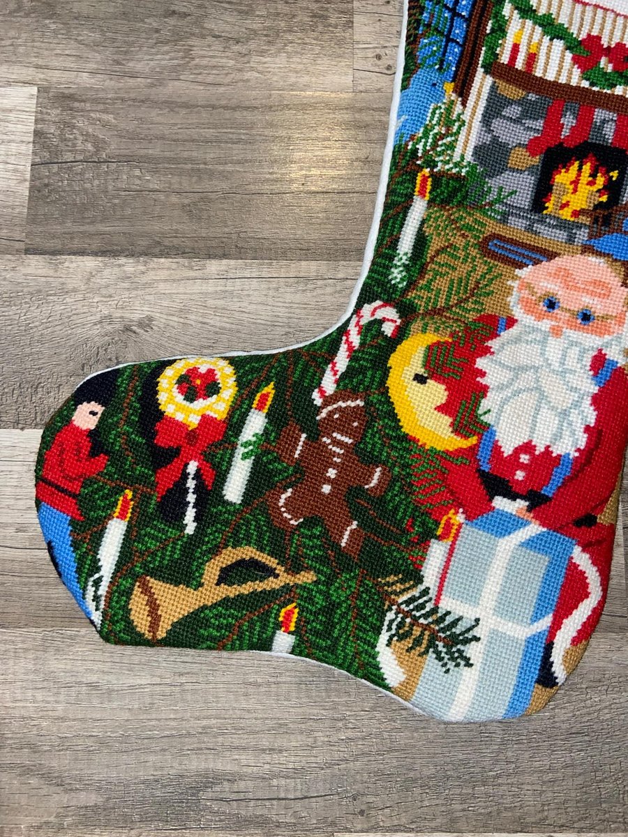 Handmade Christmas Stocking BUCILLA Vintage Finished 1970s "PAINTED" JUMBO Christmas Stocking Holiday Decor 60525