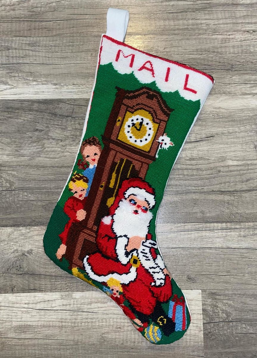 Handmade Christmas Stocking Mail Bag, Vintage Bucilla Finished Kit Grandfather Clock Needlepoint Painted Christmas Decor Santa Kids