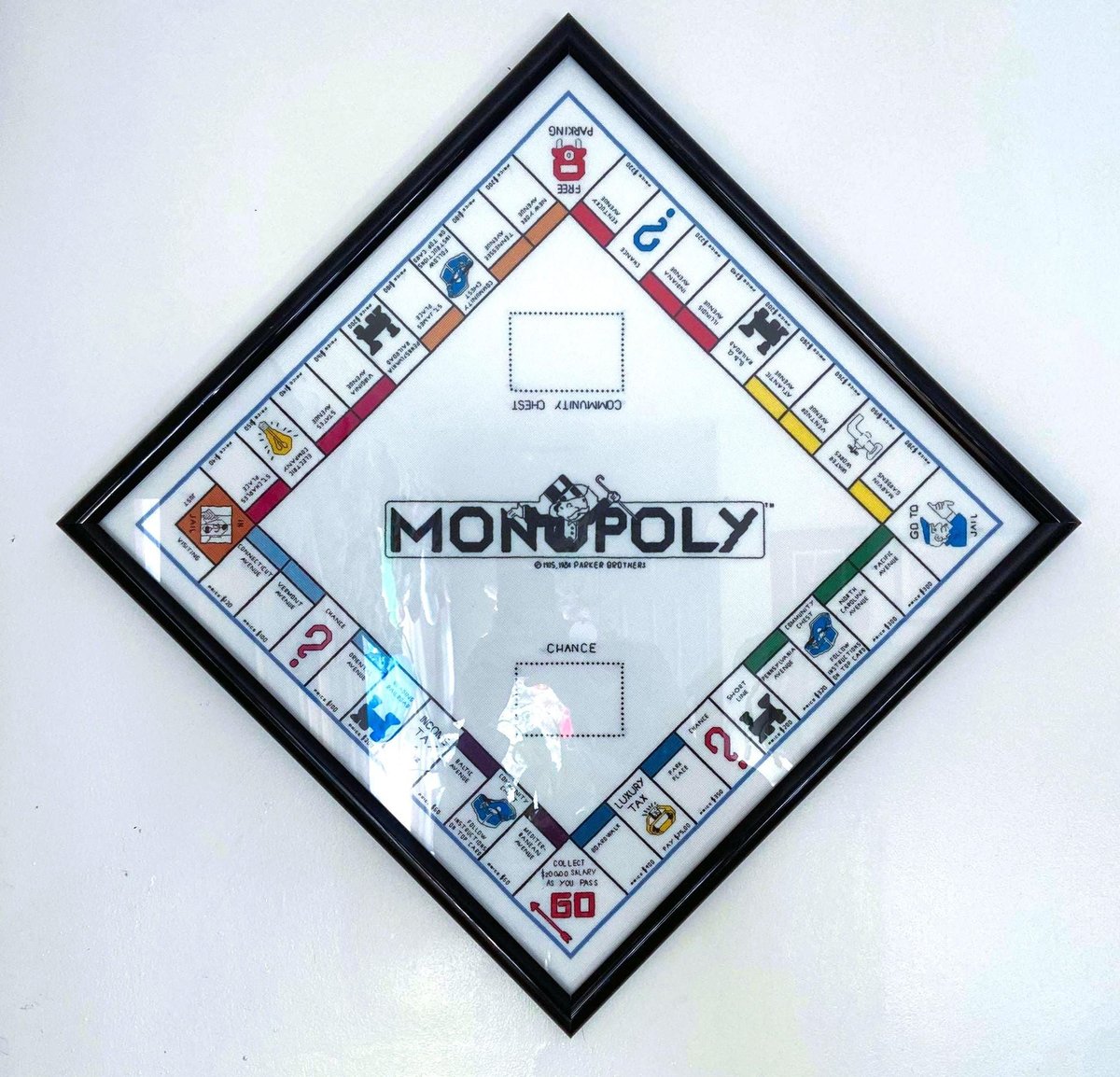 VTG MONOPOLY Cross-Stitch Game Board Framed 1990 Completed Needlepoint Wall Art