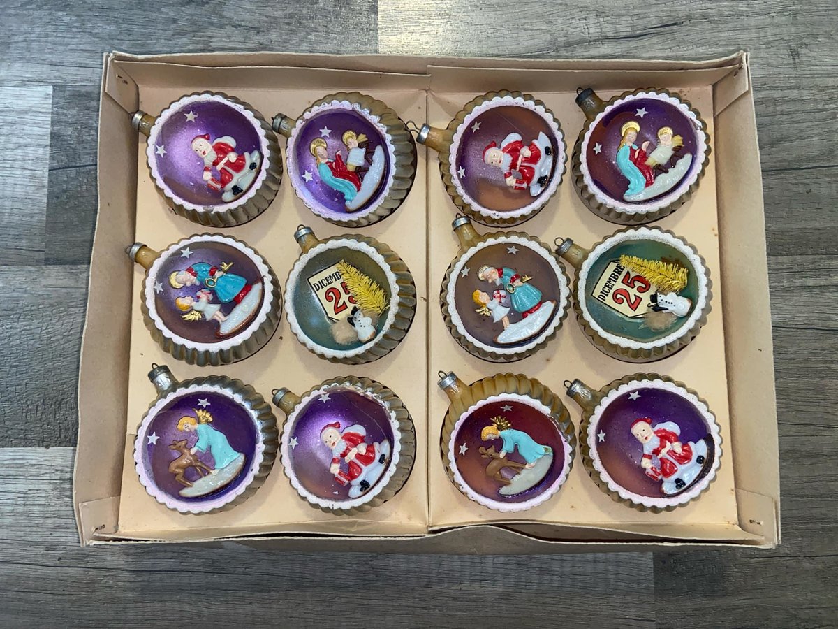 RARE Vintage 1950's SHINY BRITE Ornaments | Diorama | Complete Set of 12 Ornaments with Original Box! Retro Christmas Tree Decor