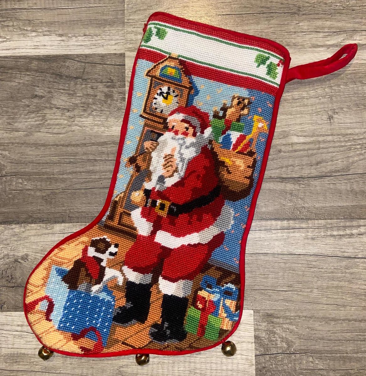 VTG Christmas Stocking, Vintage FINISHED Dimensions 1987 Christmas Eve Santa Claus HANDMADE Linda Gillum Design Holiday Stocking