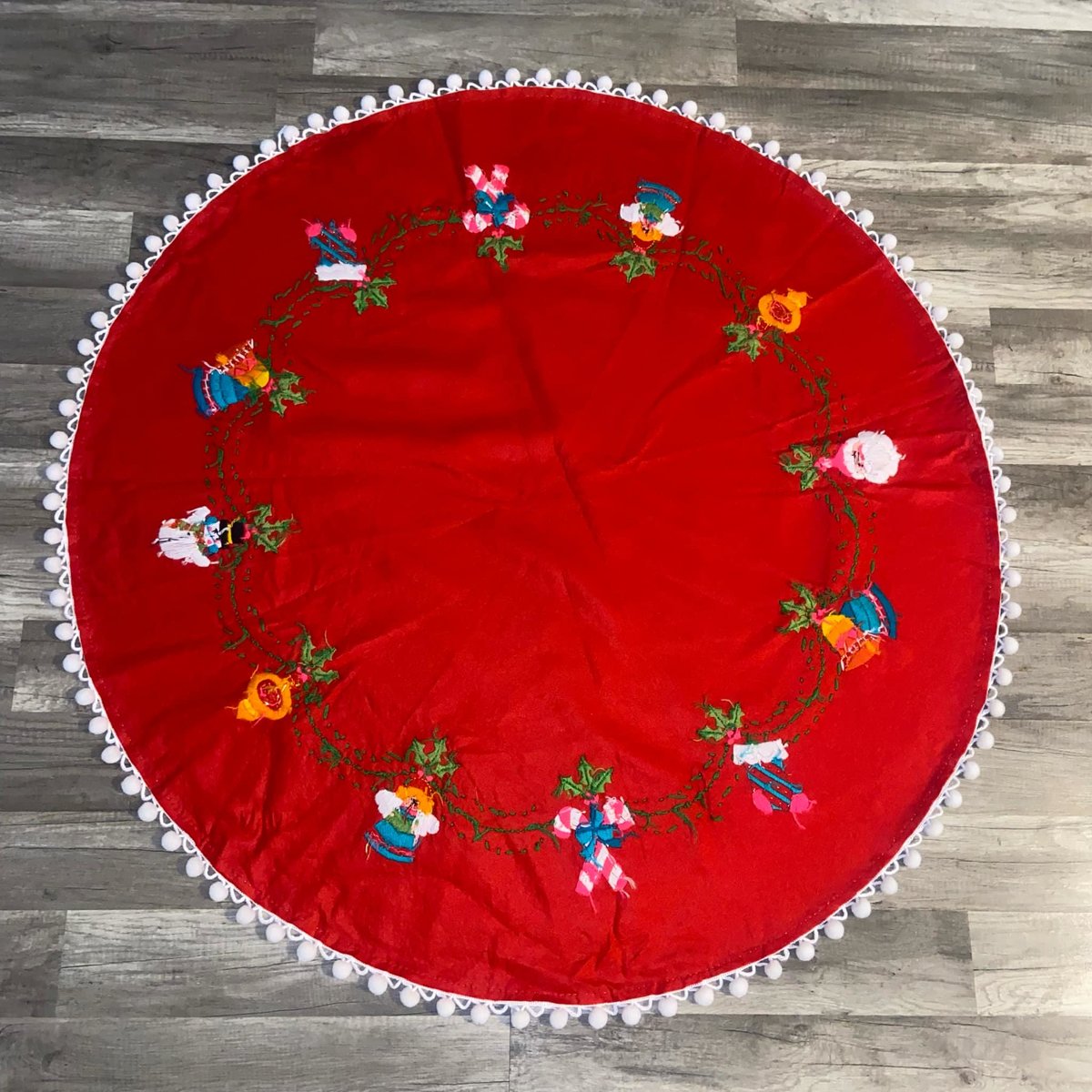 Handmade Vintage Tree Skirt, Finished Bucilla Crewel YULETIDE ORNAMENTS Tree Skirt, Table Cover #2316 Handmade Tree Santa Bells Angel