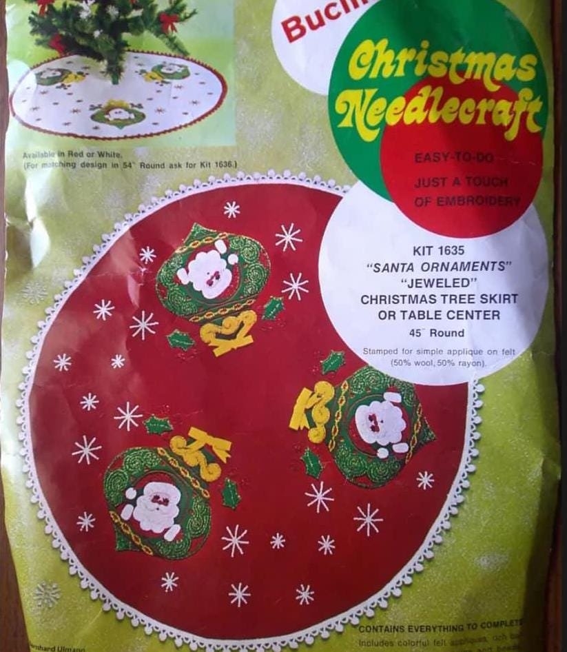 Handmade Vintage Tree Skirt, Finished Bucilla Santa Ornaments Tree Skirt 1635, Table Cover UNCUT Handmade Decorations Snowflakes