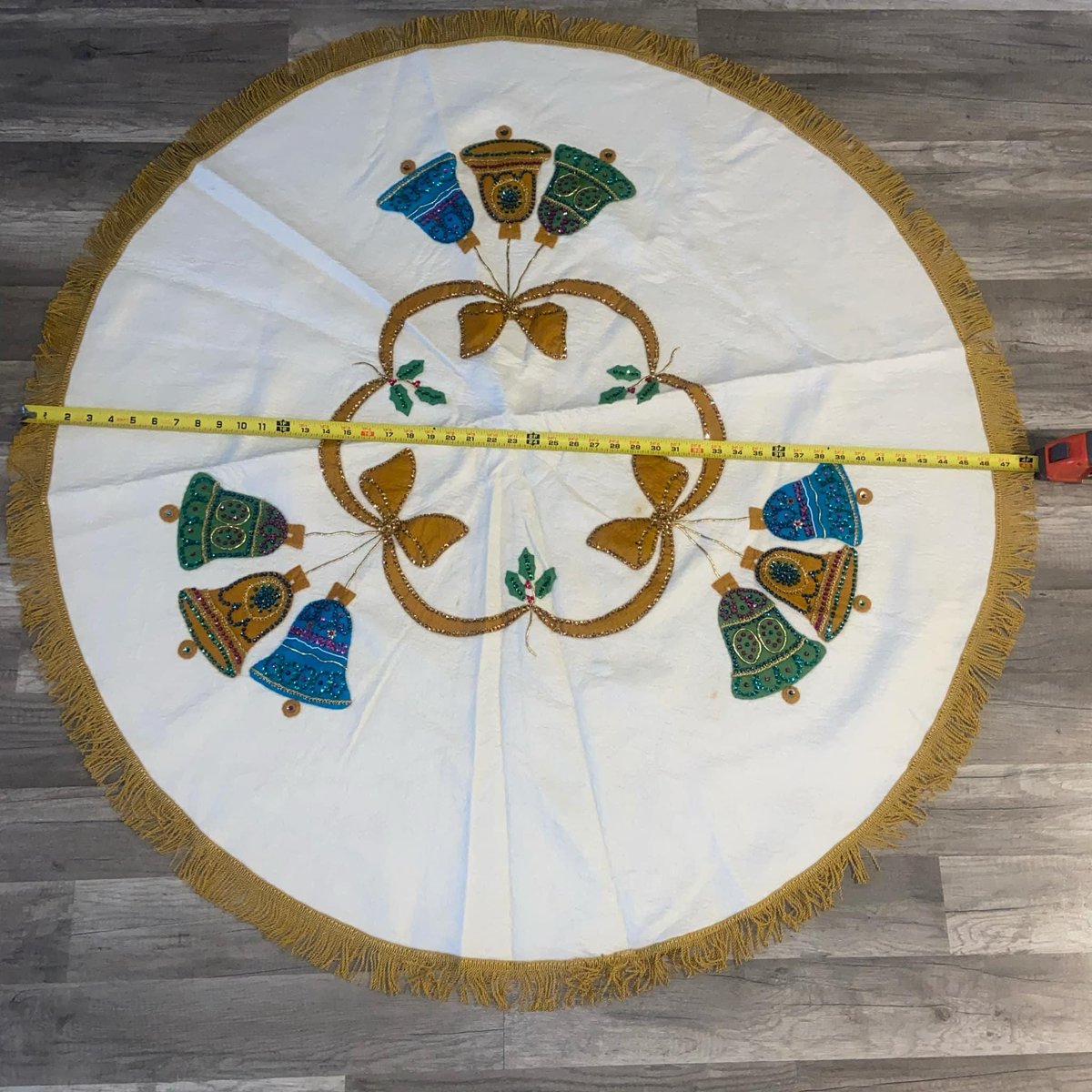 Vintage Christmas Tree Skirt BUCILLA Holiday Bells 2829 Finished Table Cover Circa 1960's Holiday Home Decor Retro Christmas Decor