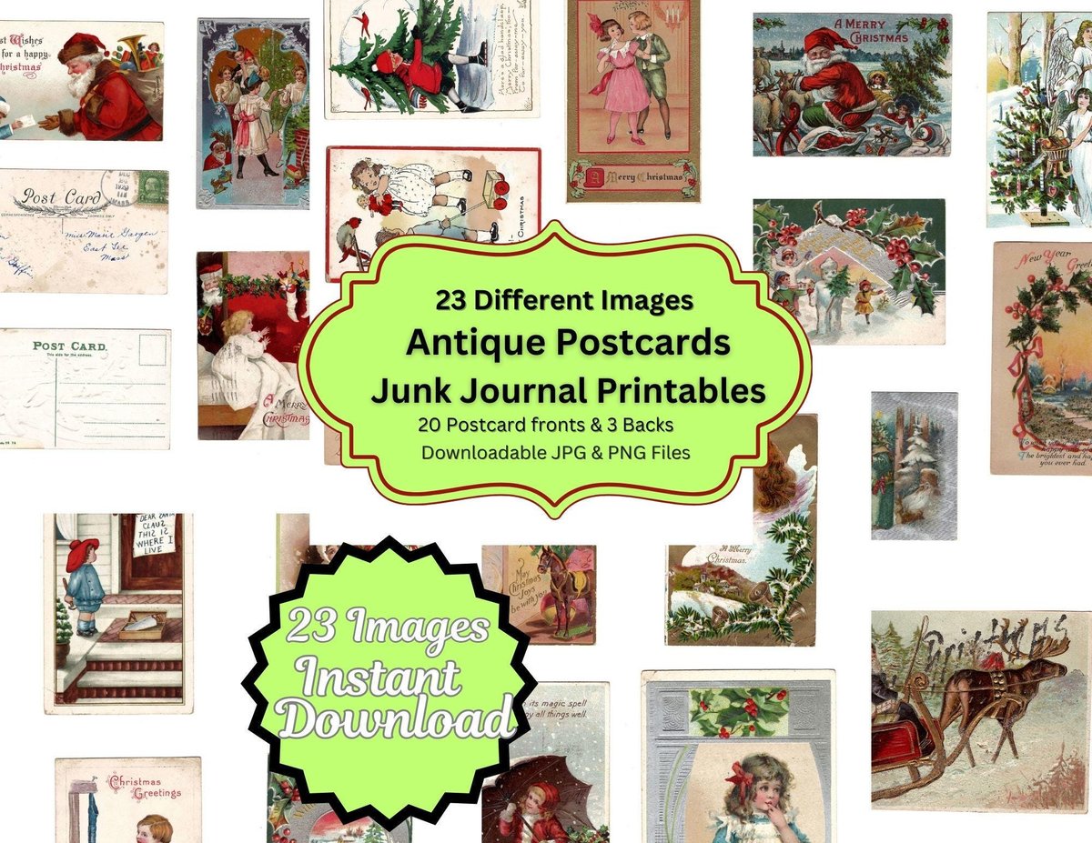 Christmas Printables | Antique Printable Christmas Postcards | Digital Christmas Printables | Vintage Junk Journal Instant Printables |