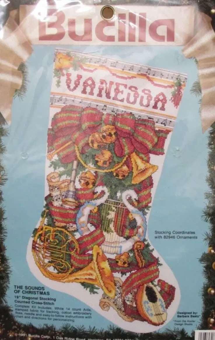 New Vintage Christmas Stocking Finished BUCILLA Counted Cross Stitch Sound of Christmas 82916 Handmade Embroidered Stocking
