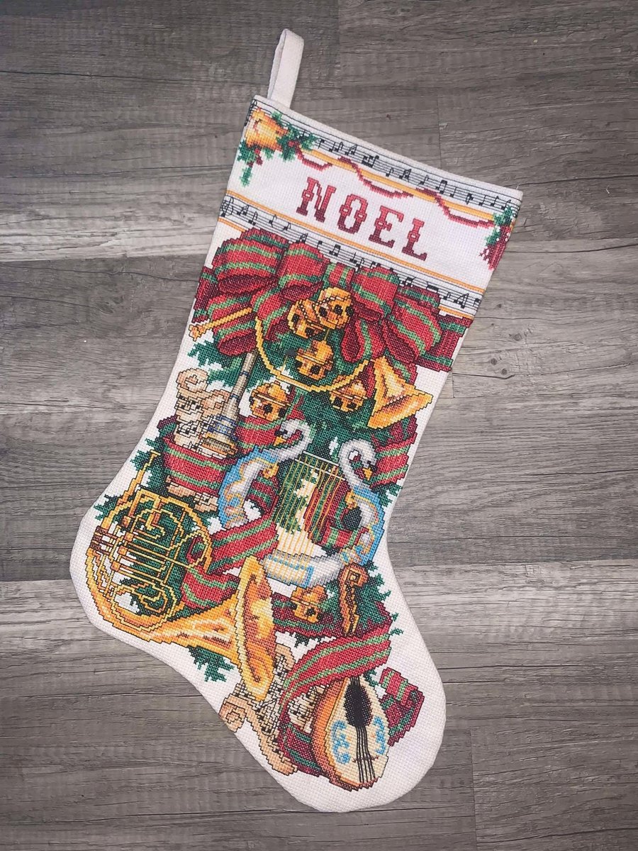 New Vintage Christmas Stocking Finished BUCILLA Counted Cross Stitch Sound of Christmas 82916 Handmade Embroidered Stocking
