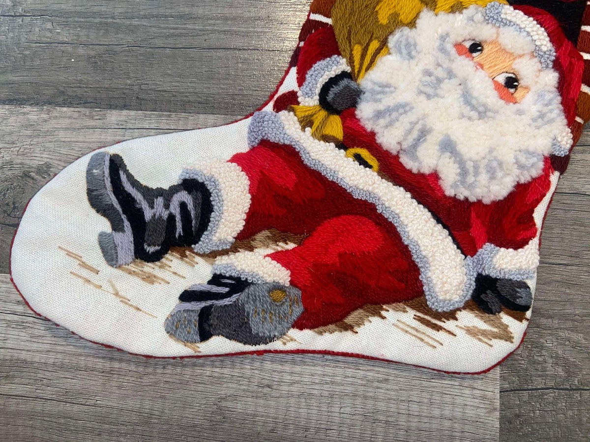 Finished 1970's Vintage Christmas Stocking SUNSET Needlepoint Santa Claus "Santa's Here" Crewel Holiday Decor