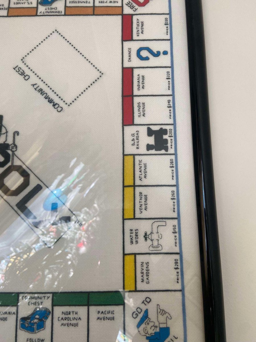 VTG MONOPOLY Cross-Stitch Game Board Framed 1990 Completed Needlepoint Wall Art