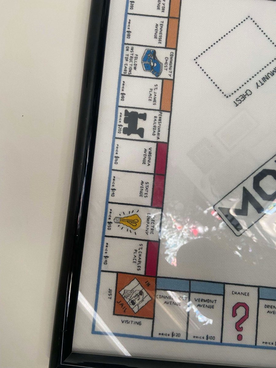 VTG MONOPOLY Cross-Stitch Game Board Framed 1990 Completed Needlepoint Wall Art