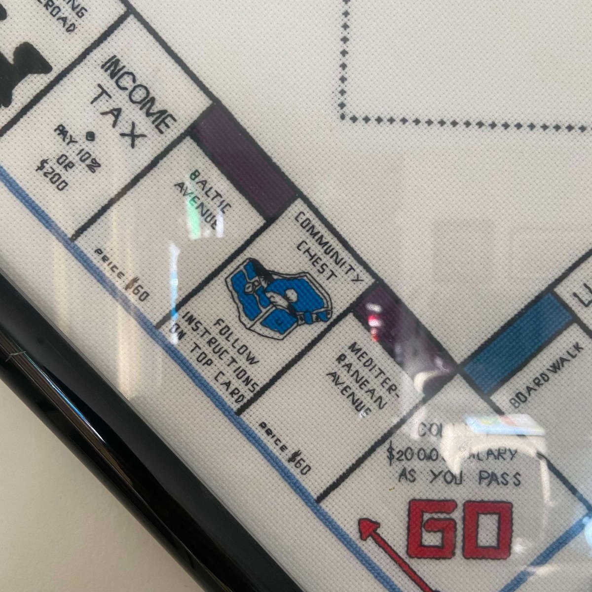 VTG MONOPOLY Cross-Stitch Game Board Framed 1990 Completed Needlepoint Wall Art