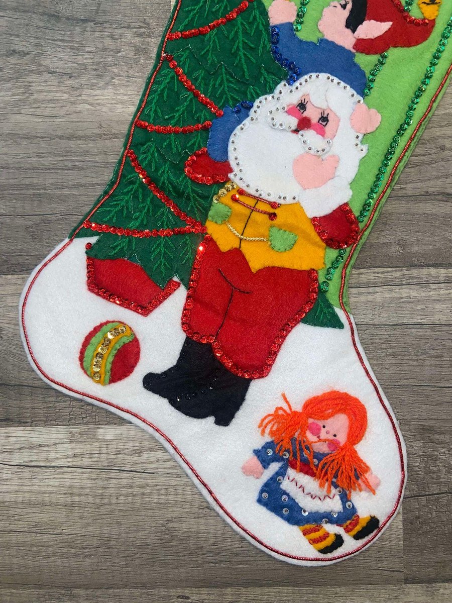 NEW! Handmade Christmas Stocking BUCILLA Tree Trimming, Santa & Elf Decorating Christmas Tree Felt Santa Snowman Stocking, Embroidered