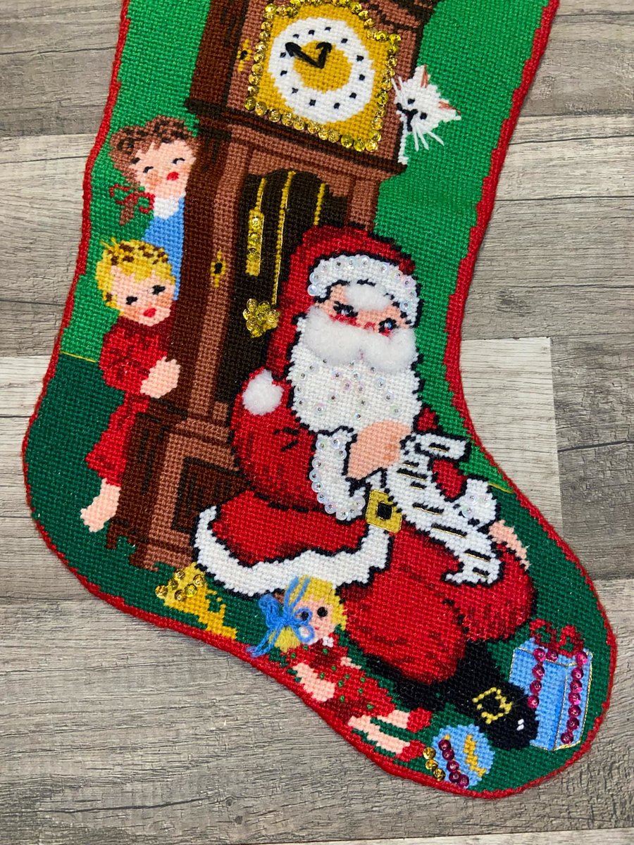 Handmade Christmas Stocking, Vintage Bucilla Finished Kit Grandfather Clock Needlepoint Painted Christmas Decor Santa Fireplace Decor