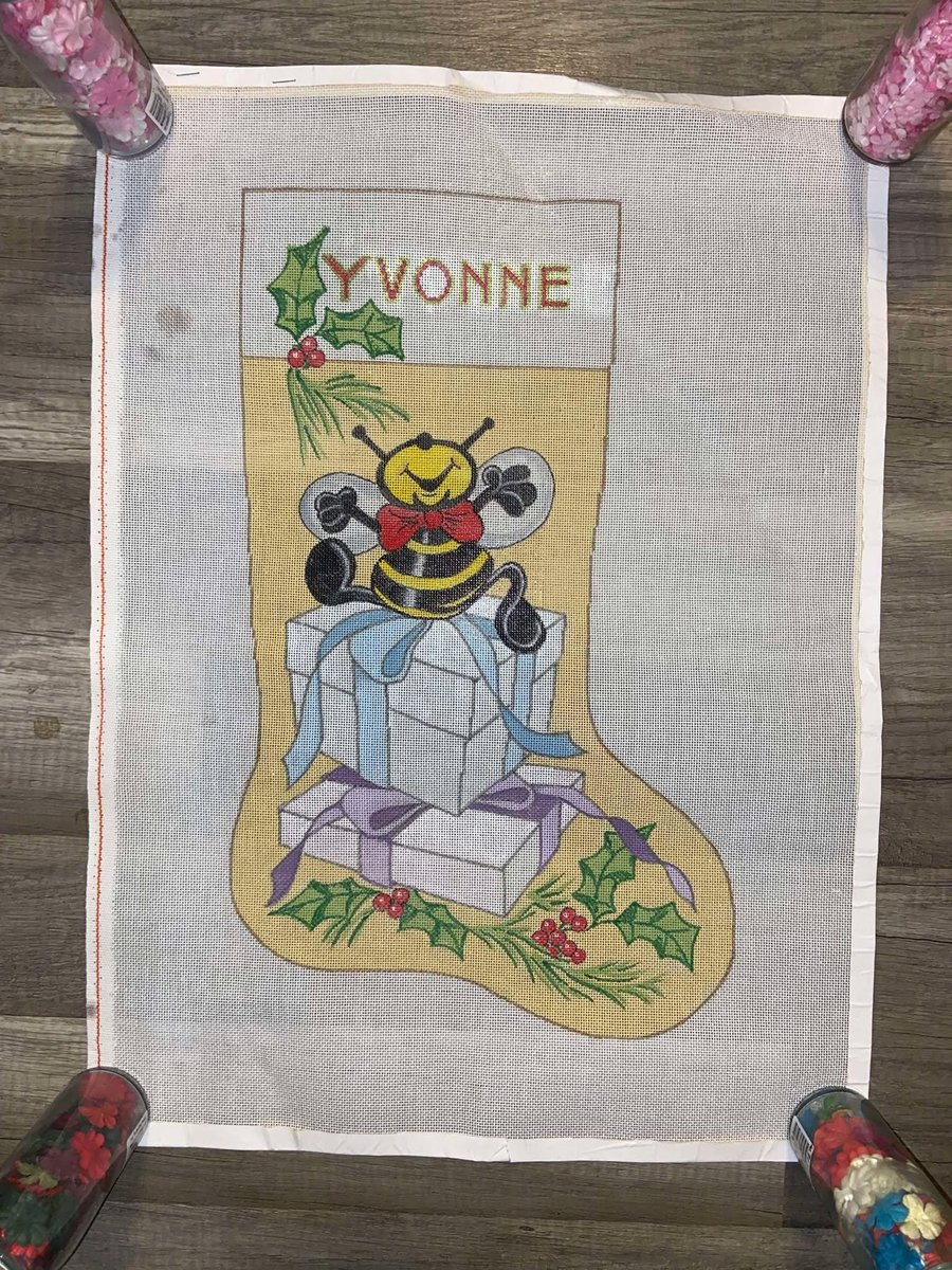 New Vintage Christmas Stocking Canvas Happy Bumblebee on Gifts Handpainted Needlepoint Canvas Holiday Decor