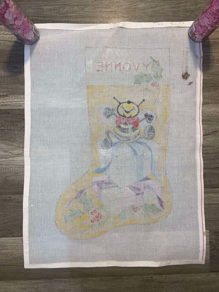 New Vintage Christmas Stocking Canvas Happy Bumblebee on Gifts Handpainted Needlepoint Canvas Holiday Decor