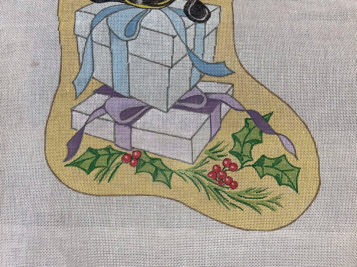 New Vintage Christmas Stocking Canvas Happy Bumblebee on Gifts Handpainted Needlepoint Canvas Holiday Decor