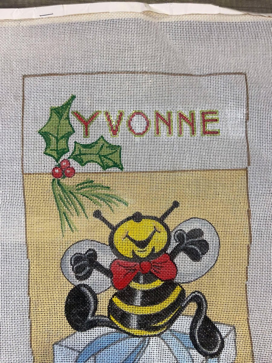 New Vintage Christmas Stocking Canvas Happy Bumblebee on Gifts Handpainted Needlepoint Canvas Holiday Decor
