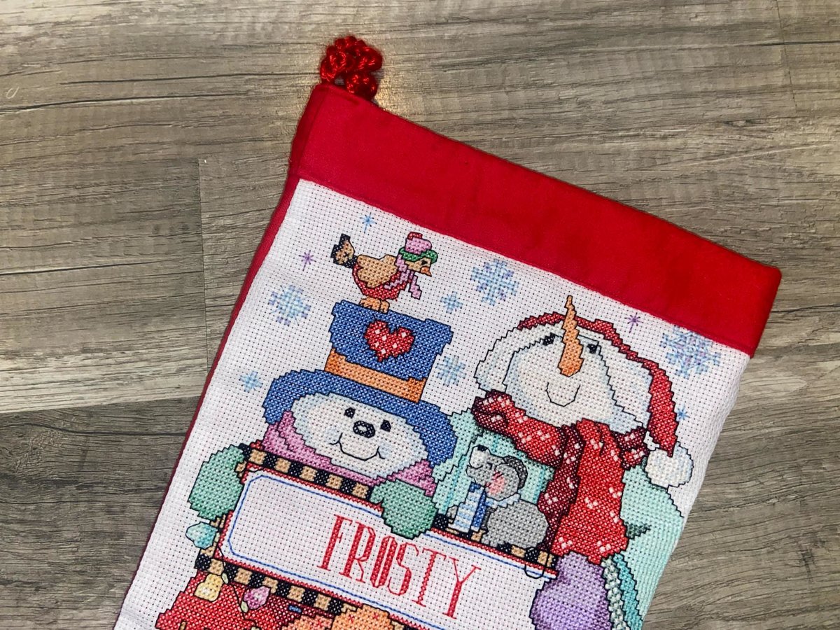 Christmas Stocking BUCILLA Counted Cross Stitch HANDMADE Needlepoint Finished Snowman Stocking Holiday Decor