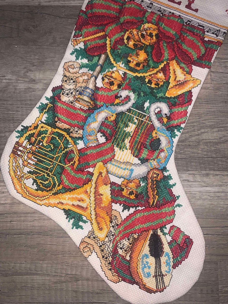 New Vintage Christmas Stocking Finished BUCILLA Counted Cross Stitch Sound of Christmas 82916 Handmade Embroidered Stocking