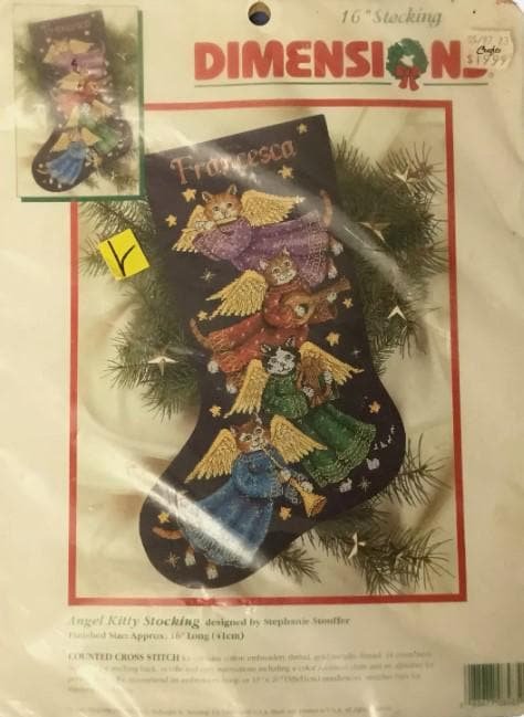 New Christmas Stocking Counted Cross Stitch ANGEL KITTY Needlepoint Holiday Stocking Holiday Decor